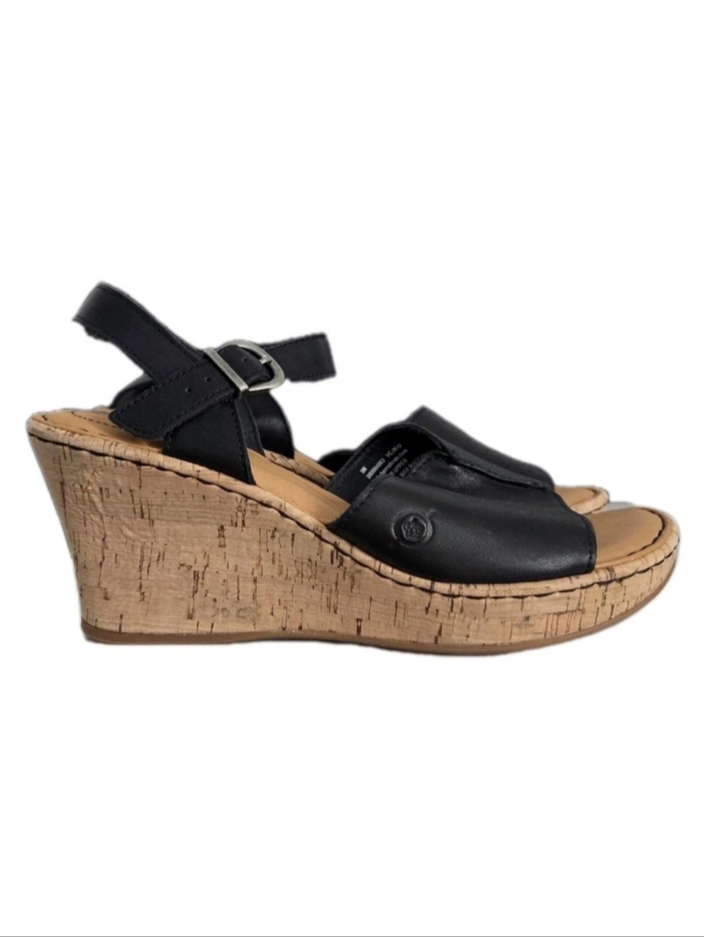 Born Agnio Black Leather Cork Wedge Sandals Women's Size 9M